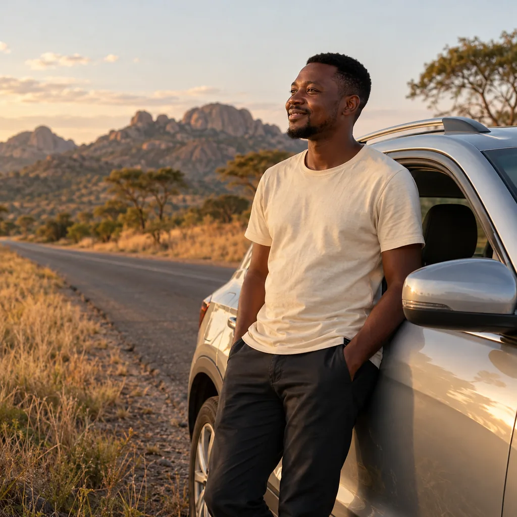 A driver enjoying a quiet moment beside his car before a journey