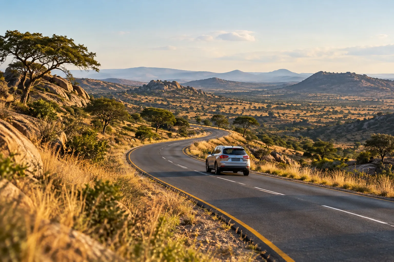 A silver car on an open road through golden grasslands and granite hills